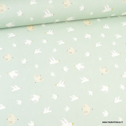 Tissu cretonne coton Wazou motifs oiseaux fond vert de gris -  oeko tex
