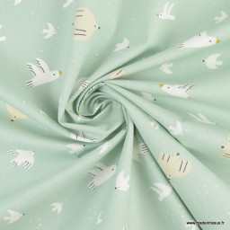 Tissu cretonne coton Wazou motifs oiseaux fond vert de gris -  oeko tex