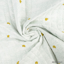 Tissu Matelassé vertical coton double face thème Wazou et Noug vert de gris