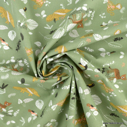 Tissu cretonne coton Sigolin motifs animaux et feuillage exotique romarin -  oeko tex
