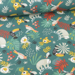 Tissu jersey Papaya motifs animaux fond vert - oeko tex