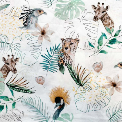 Tissu coton Savana motifs animaux et jungle fond blanc - Oeko tex