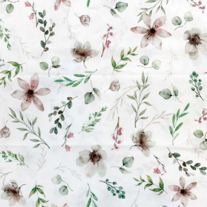 Tissu coton Garden motifs eucalyptus et fleurs fond blanc - Oeko tex