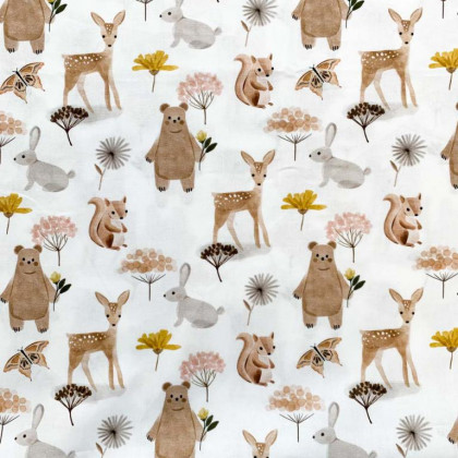Tissu coton Michka motifs animaux de la forêt fond blanc - Oeko tex