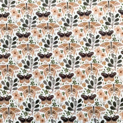 Tissu coton Lycene motifs papillons et fleurs fond blanc - Oeko tex