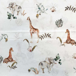 Tissu coton Zarafa motifs animaux de la jungle fond blanc - Oeko tex