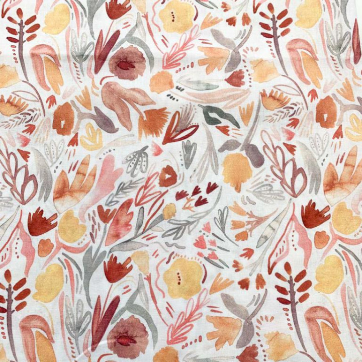 Tissu coton Vegetal motifs feuillages et fleurs fond blanc - Oeko tex