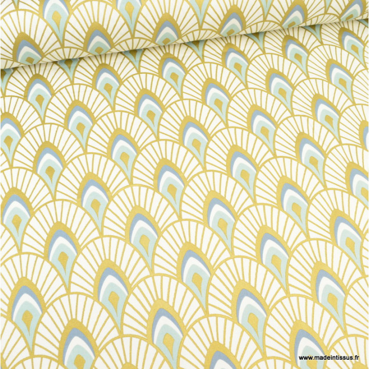 Tissu satin d'ameublement coton motifs écailles métallisées fond naturel