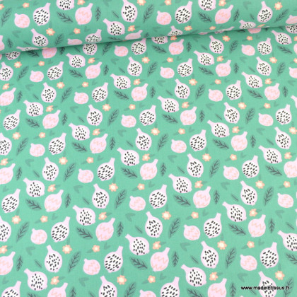 Tissu coton motifs Grenade fond vert -  oeko tex