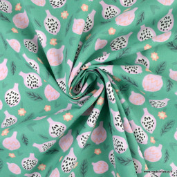 Tissu coton motifs Grenade fond vert -  oeko tex