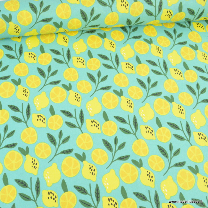 Tissu coton motifs Citrons fond vert clair -  oeko tex