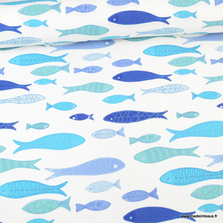 Toile demi natté motifs poissons bleus fond blanc - oeko tex