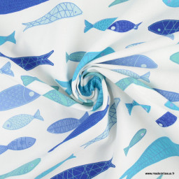 Toile demi natté motifs poissons bleus fond blanc - oeko tex