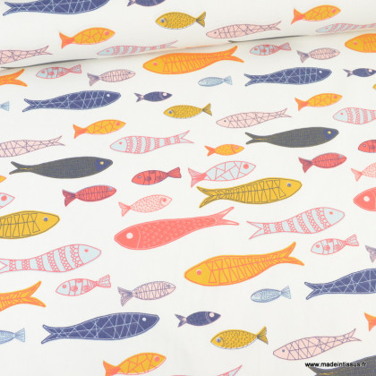 Toile demi natté motifs poissons multicolores fond blanc - oeko tex