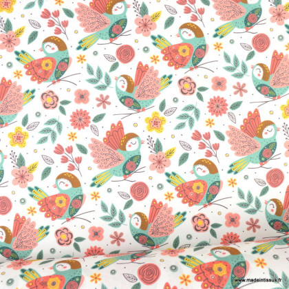 Tissu coton Happy bird motifs fleurs et oiseaux -  oeko tex