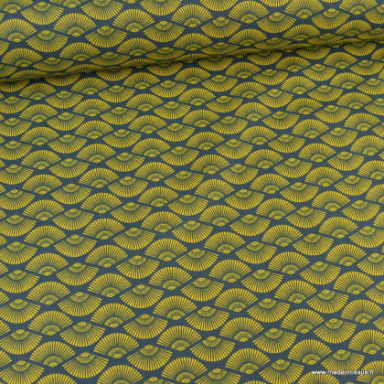 Tissu cretonne coton Kyotto motifs éventails fond pétrole -  oeko tex