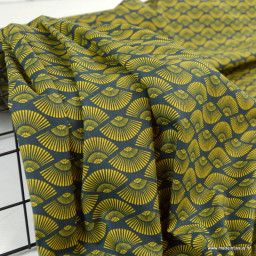 Tissu cretonne coton Kyotto motifs éventails fond pétrole -  oeko tex