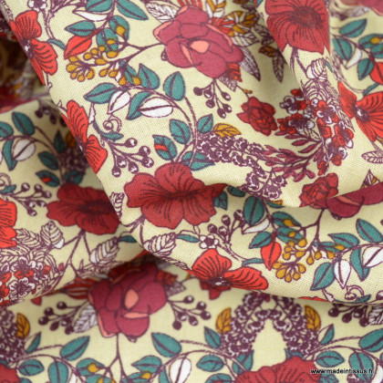 Tissu cretonne coton Madison motifs fleurs rouge -  oeko tex