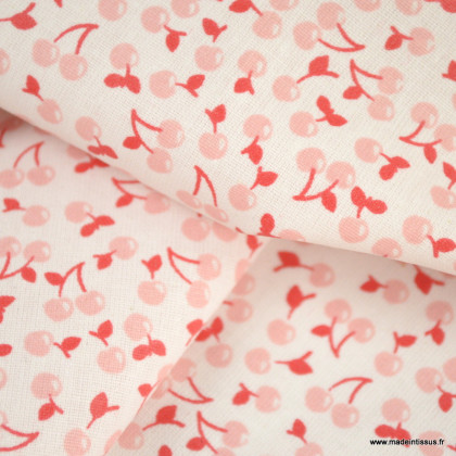 Tissu cretonne coton motifs Cerises rose et rouge - Oeko tex