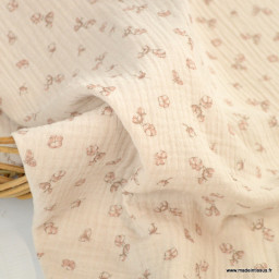 Double gaze de coton Bio, oeko tex Orphée motifs fleurs de coton fond beige