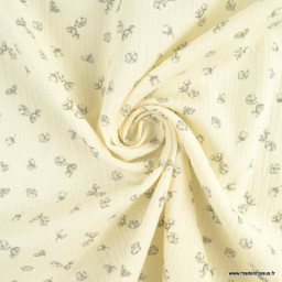 Double gaze de coton Bio, oeko tex Orphée motifs fleurs de coton fond écru