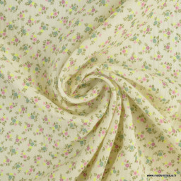 Double gaze de coton Bio, oeko tex Santina motifs fleurs roses et pointe de jaune fluo