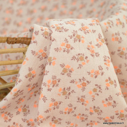Double gaze de coton Bio, oeko tex Santina motifs fleurs et pointe de orange fluo fond beige