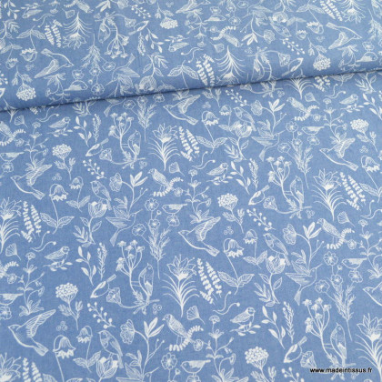 Tissu Jean Denim motifs fleurs et oiseaux collection Bird denim - Katia Fabrics