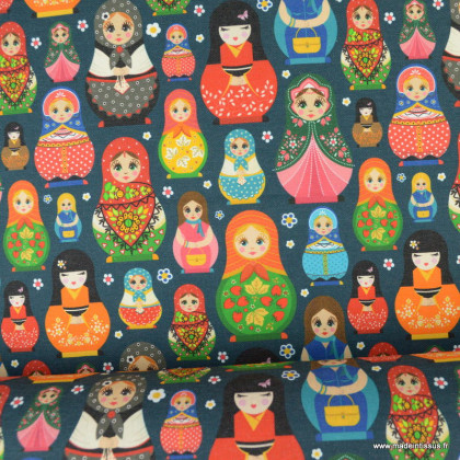 Toile demi natté motifs poupées russes Matriochka - oeko tex