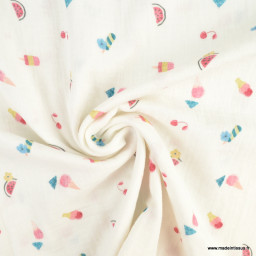 Tissu double gaze de coton motifs pastèques et glaces - oeko tex