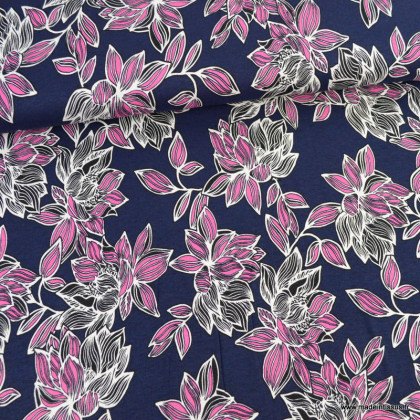 Tissu Jersey de Viscose motif fleurs fuchsia fond marine