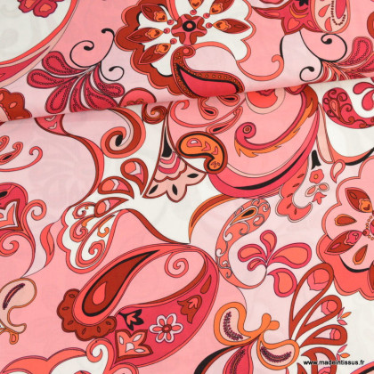 Tissu Viscose motifs fleurs cachemire corail - oeko tex