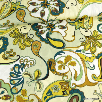 Tissu Viscose motifs fleurs cachemire vert - oeko tex