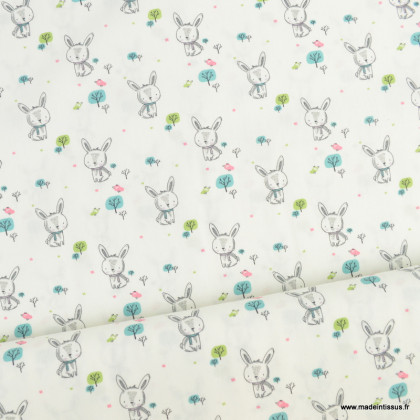Tissu coton popeline motifs lapins et arbres - oeko tex