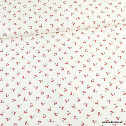 Tissu popeline de coton motifs cerises fond blanc - oeko tex