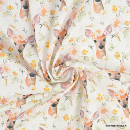 Tissu coton Faflou motifs biches et fleurs fond blanc - Oeko tex