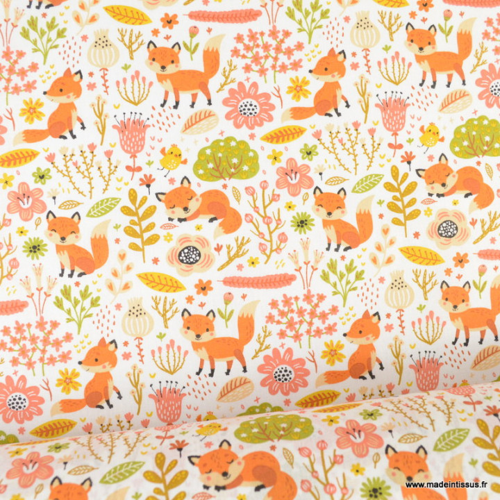 Tissu coton Foxy motifs renards et feuillages - oeko tex