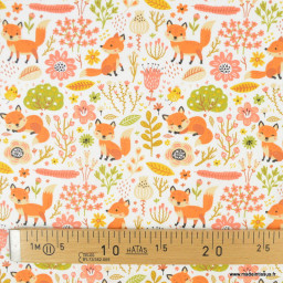Tissu coton Foxy motifs renards et feuillages - oeko tex