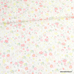 Tissu voile de coton motif fleurs jaunes et roses