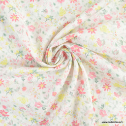 Tissu voile de coton motif fleurs jaunes et roses