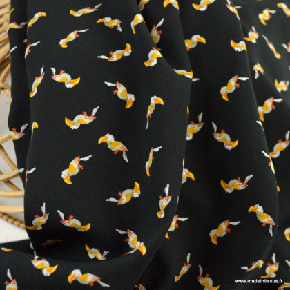 Tissu Viscose motifs toucans fond noir