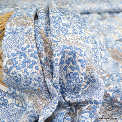 Tissu satin de Viscose motifs fleurs bleues et beiges