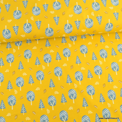 Tissu jersey motifs arbres fond moutarde - oeko tex