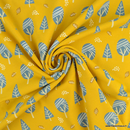 Tissu jersey motifs arbres fond moutarde - oeko tex