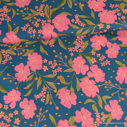 Tissu Popeline coton fleurs Louise Dark Blue - Windham Fabrics - Oeko tex