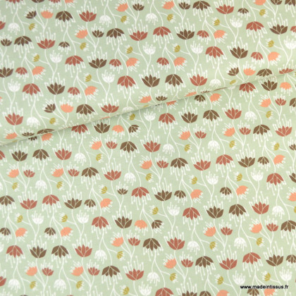 Tissu Cotton and Steel, collection Camp creek motifs fleurs fond tilleul - oeko tex
