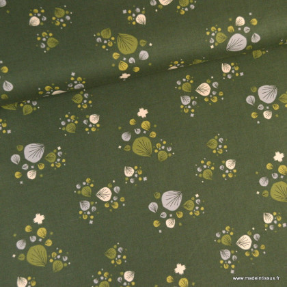 Tissu Cotton and Steel, collection Camp creek motifs fleurs fond vert - oeko tex