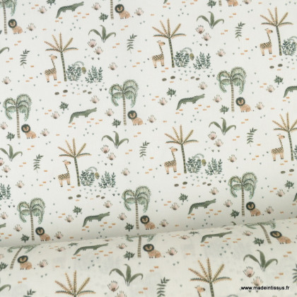 Tissu coton Minisaf motifs animaux de la jungle fond blanc - Oeko tex