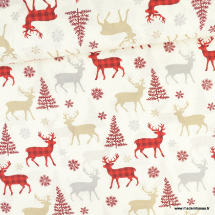 Tissu coton motifs sapins de Noël et cerfs fond écru