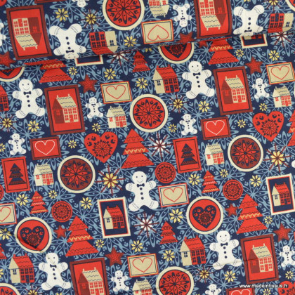 Tissu coton motifs de Noël métallisés , pain d'épice et maisons fond bleu